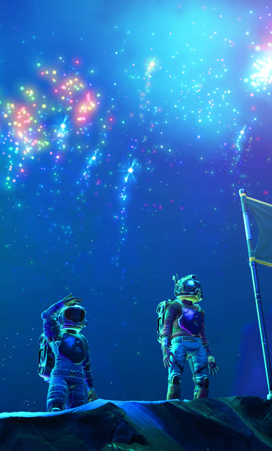Two Astronauts Standing On A Hill With Fireworks Background
