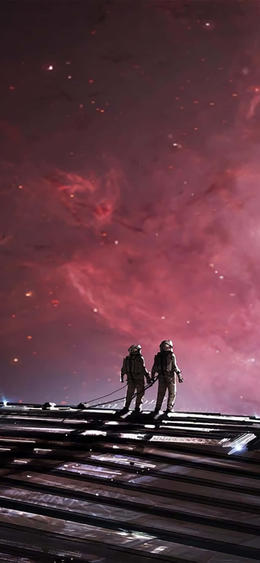 Two Astronauts Walking On A Train Track With A Pink Sky Background