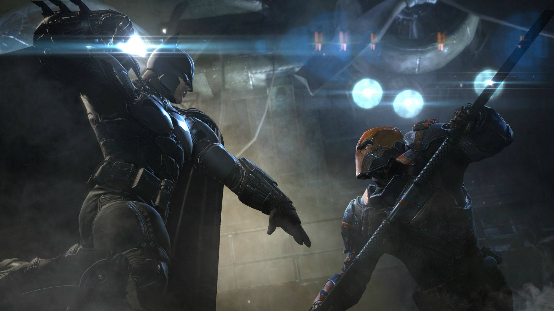 Two Batman Characters Fighting In A Dark Room Background