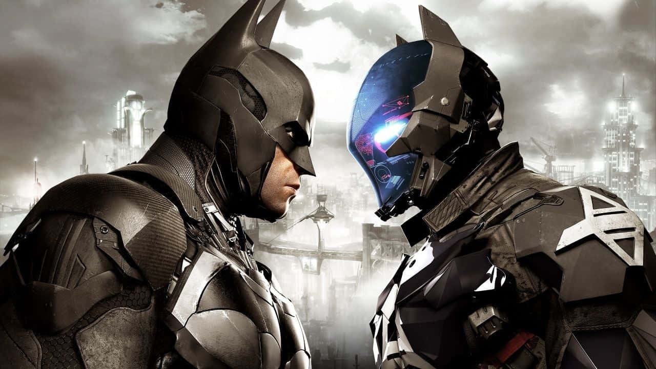 Two Batman Characters Standing Next To Each Other Background