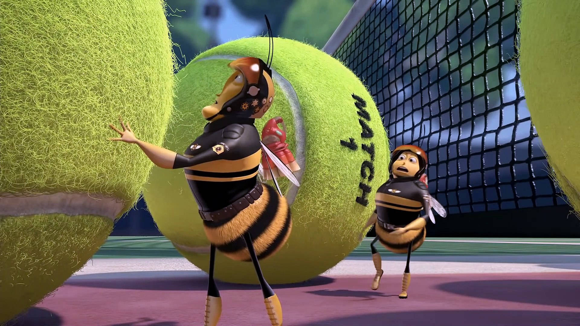 Two Bees Are Standing Next To Tennis Balls