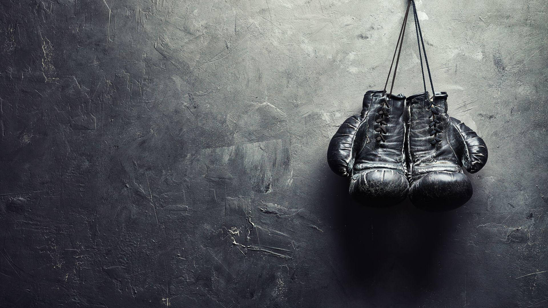 Two Black Boxing Gloves Hanging On A Wall Background