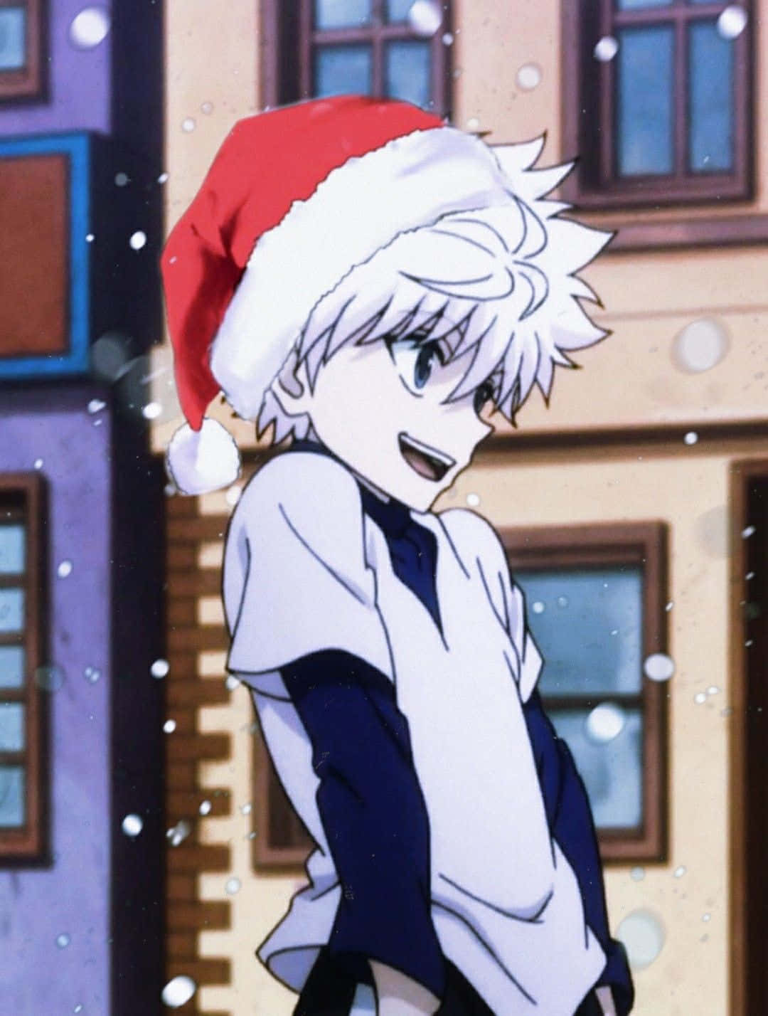 Two Boys Dressed Up As Santa And Elves In A Cozy Christmas Anime Scene. Background