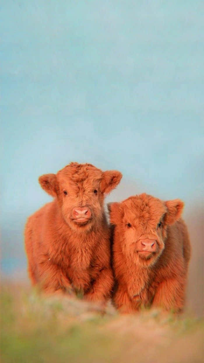 Two Brown Cows Standing In A Field Background