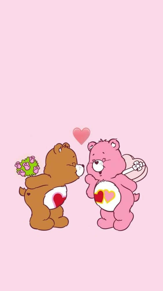 Two Care Bears Are Holding Hands And Kissing Background