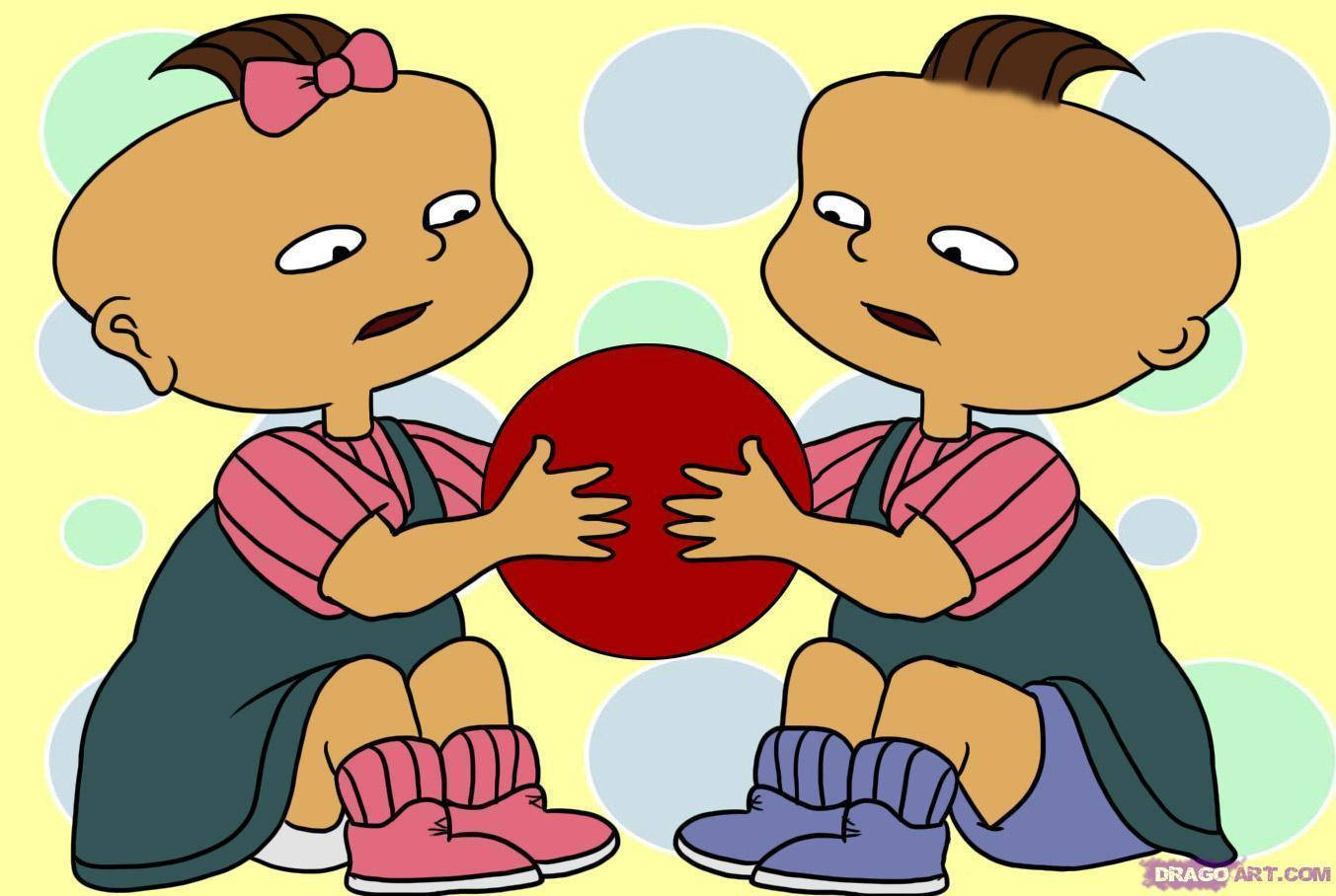 Two Cartoon Babies Playing With A Red Ball Background