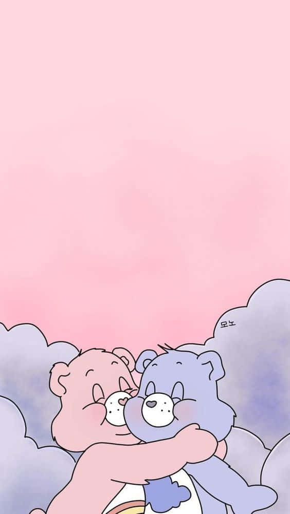 Two Cartoon Bears Hugging In The Clouds Background