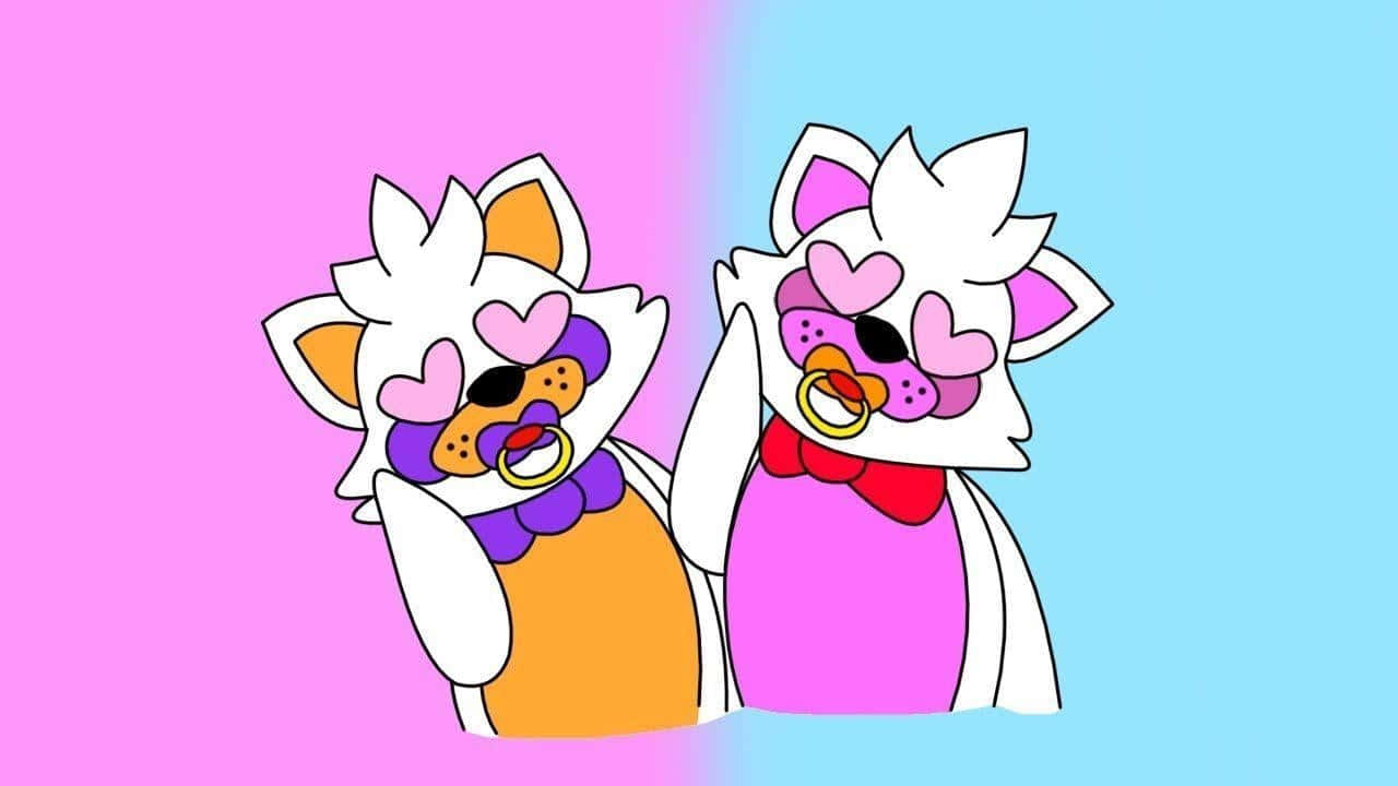 Two Cartoon Cats With Hearts On Their Faces Background