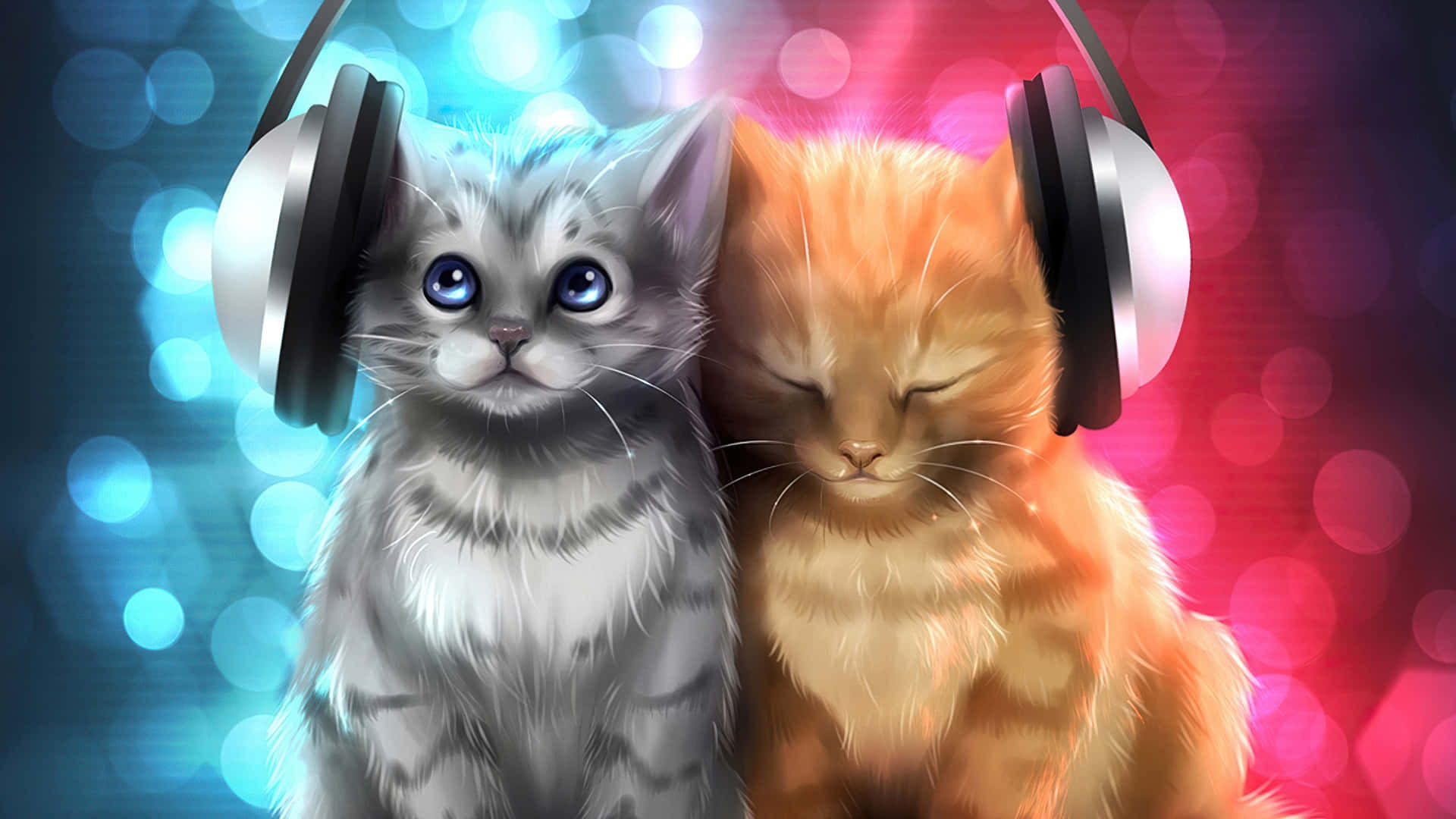 Two Cats With Headphones On Their Heads Background