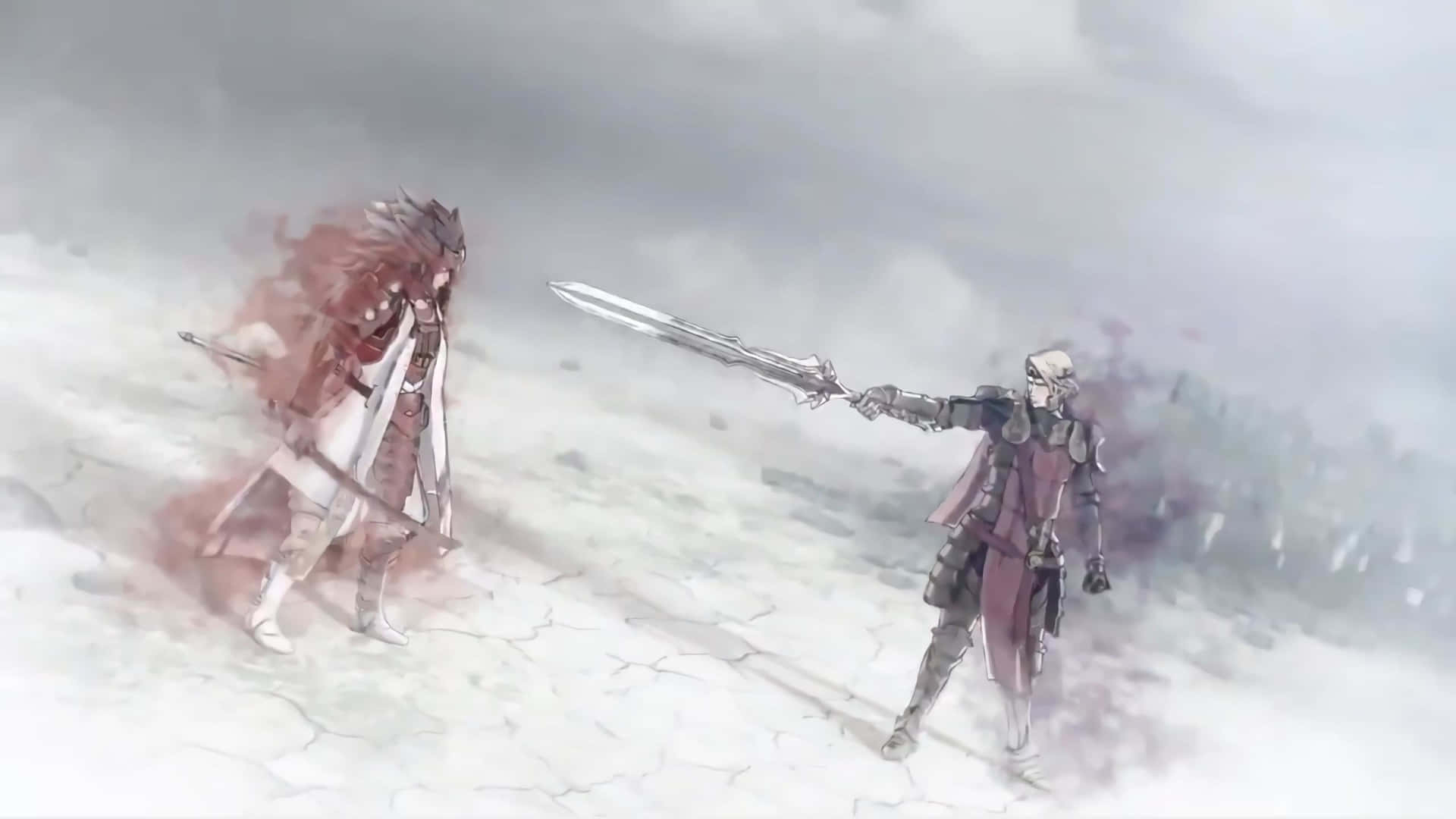 Two Characters Are Standing In The Snow With Swords Background