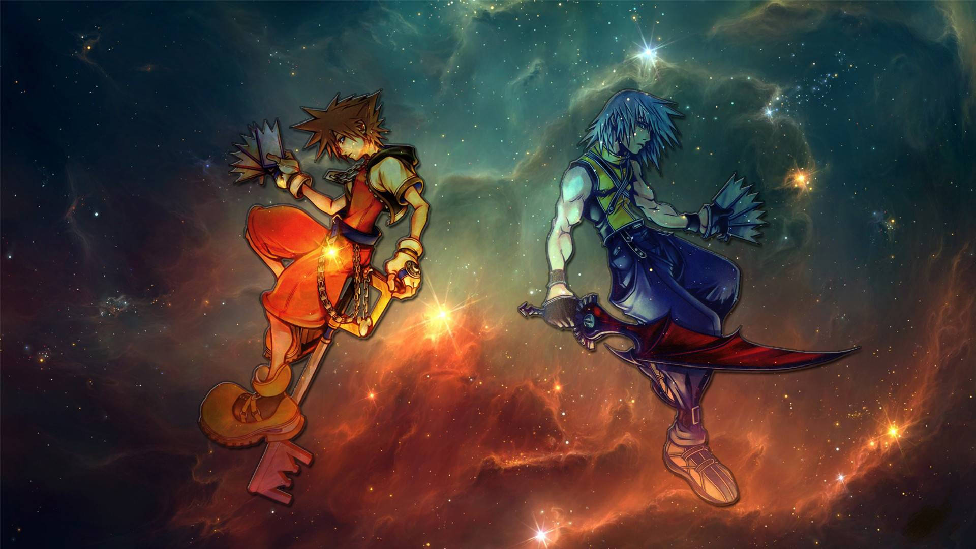 Two Characters In Space With Swords Background