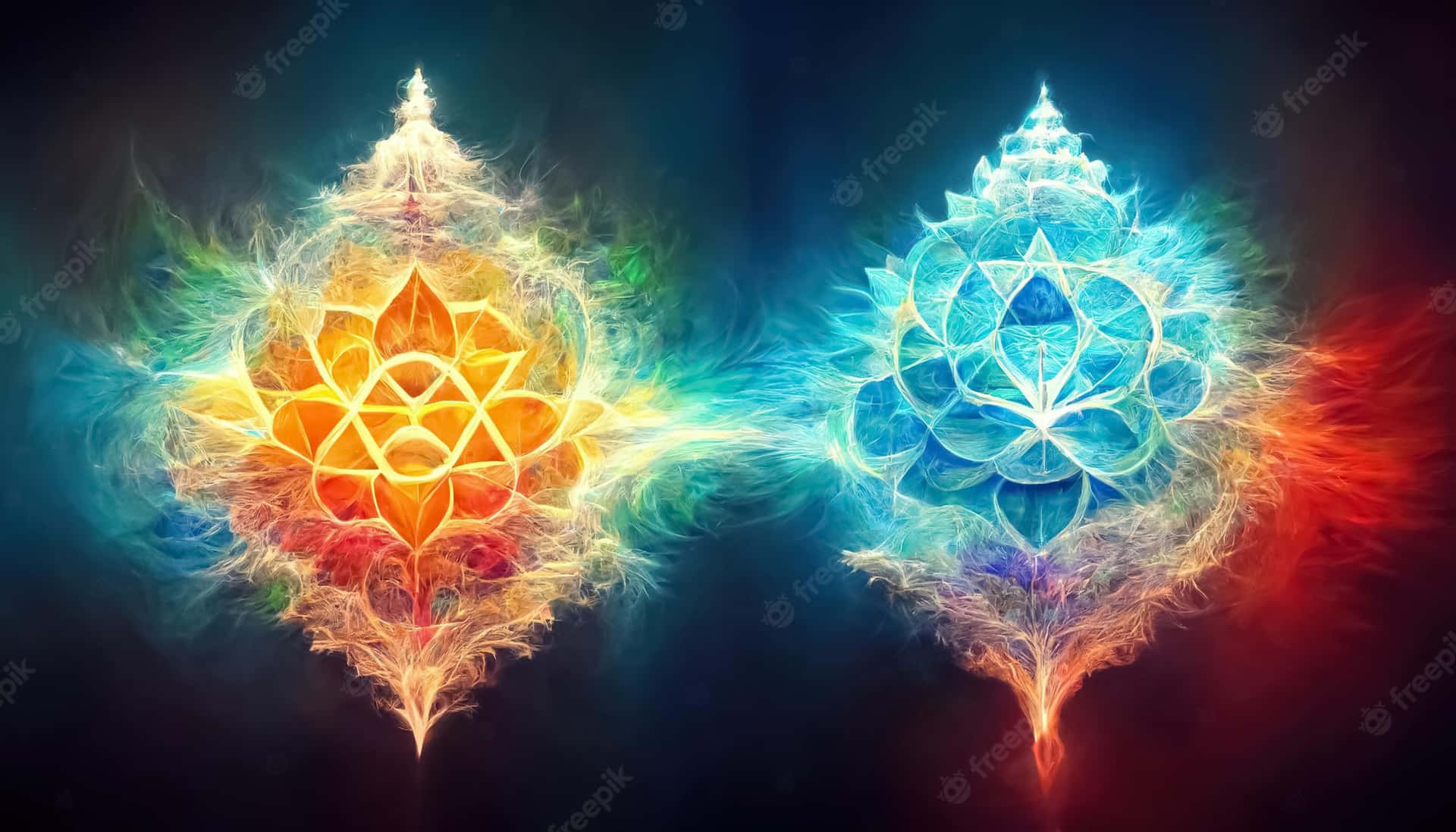 Two Colorful Flower Of Life Symbols On A Dark Background Background