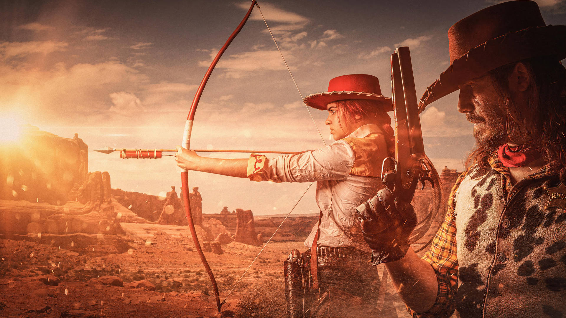 Two Cowboys In Western Outfits Are Holding Bows And Arrows Background