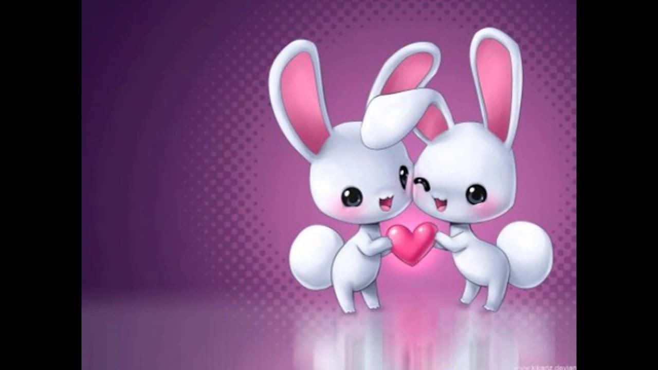 Two Cute Bunnies Holding A Heart On A Purple Background Background
