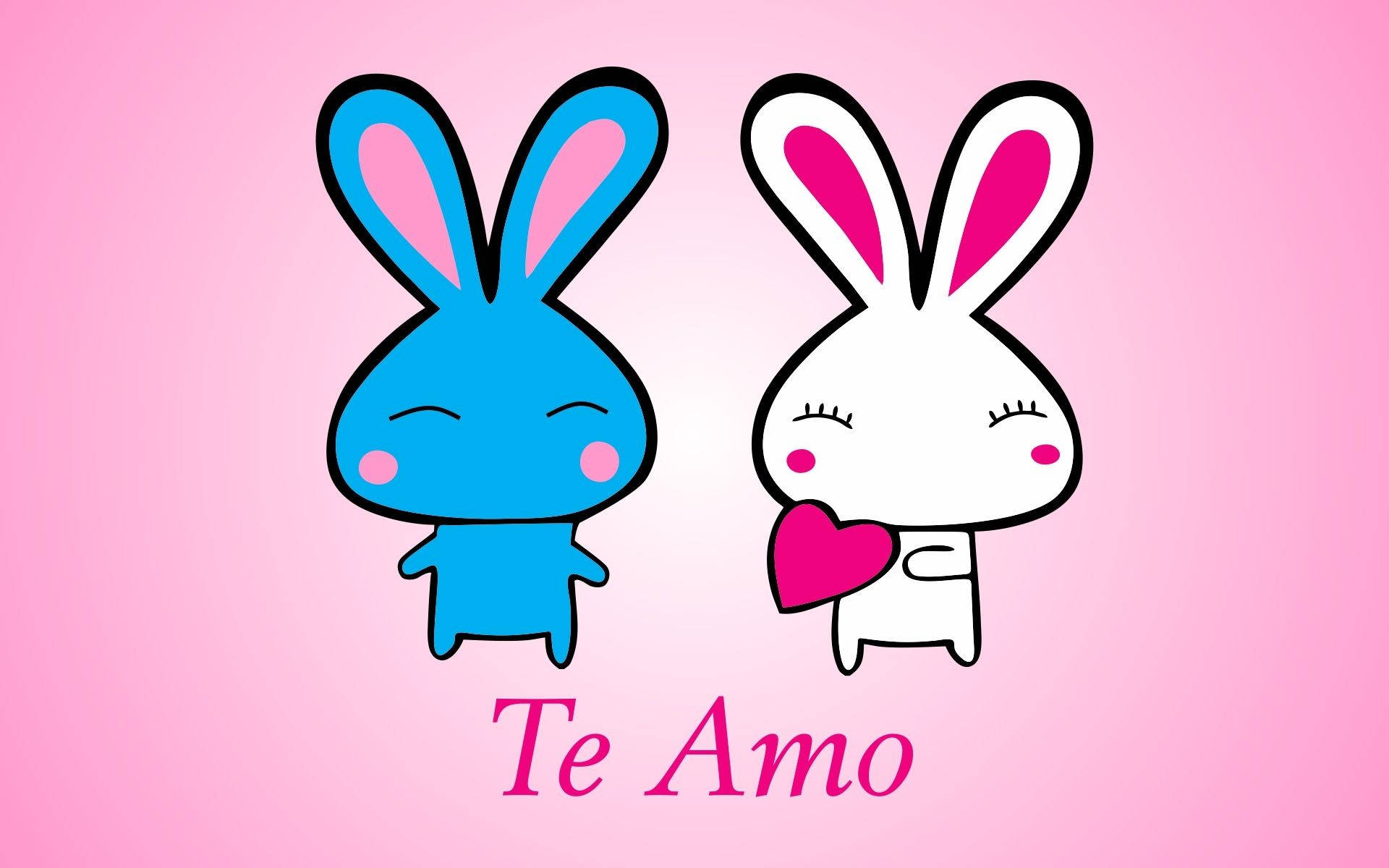 Two Cute Bunnies Te Amo Pink Background