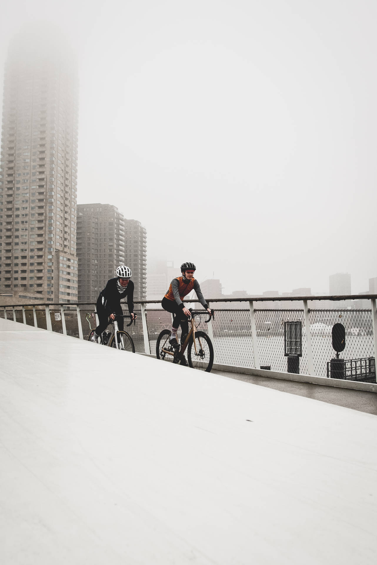Two Cycling Women City Bridge