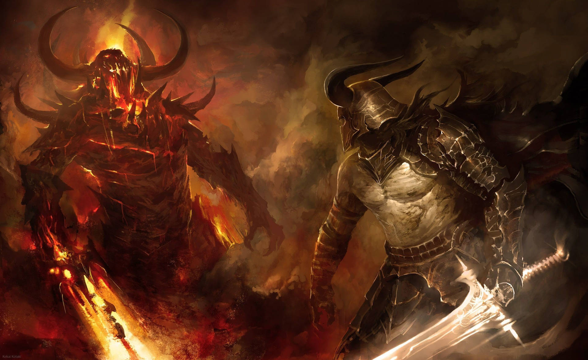 Two Demons With Swords In The Fire Background