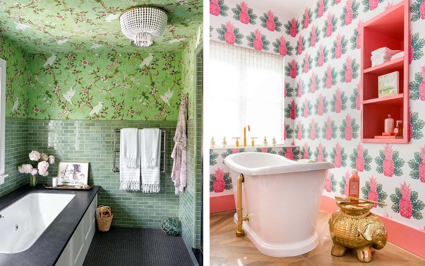 Two Different Bathrooms Green And Pink Walls Background