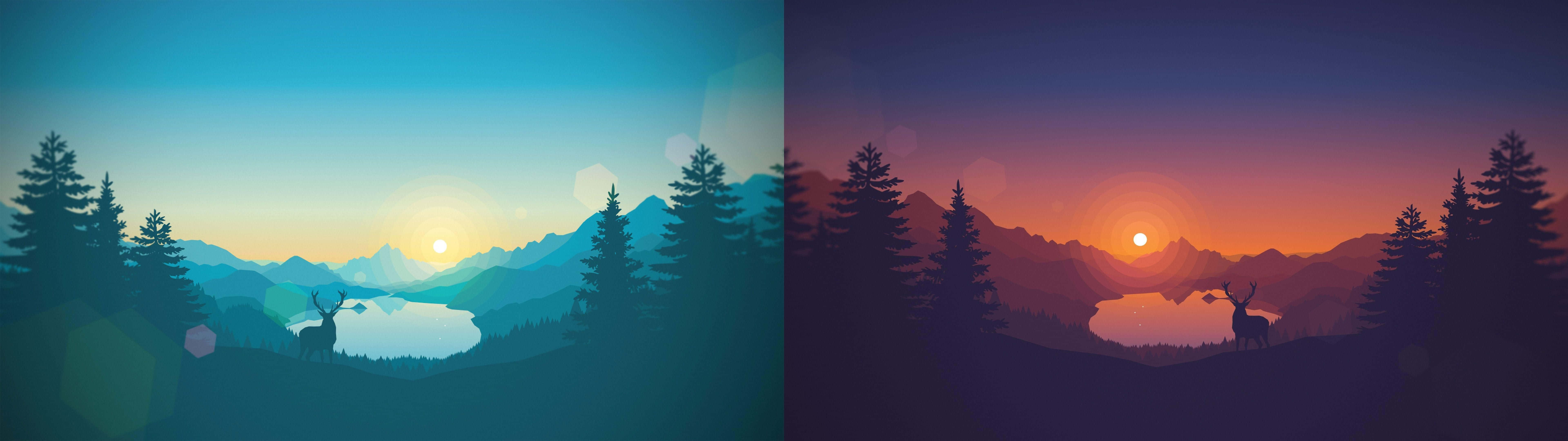 Two Different Images Of A Sunset With Trees And Mountains