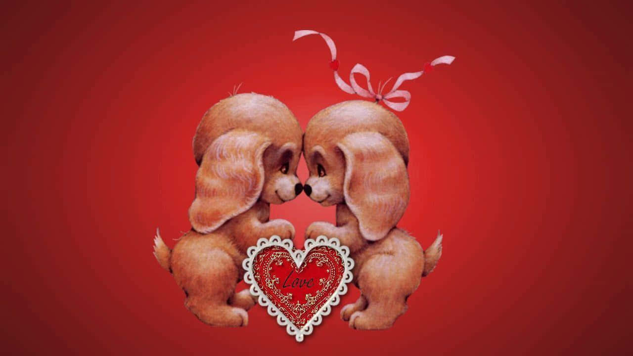 Two Dogs Hugging Each Other On A Red Background