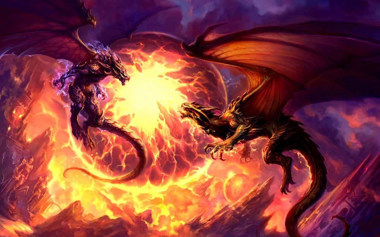 Two Dragons Fighting In Front Of A Fire Background