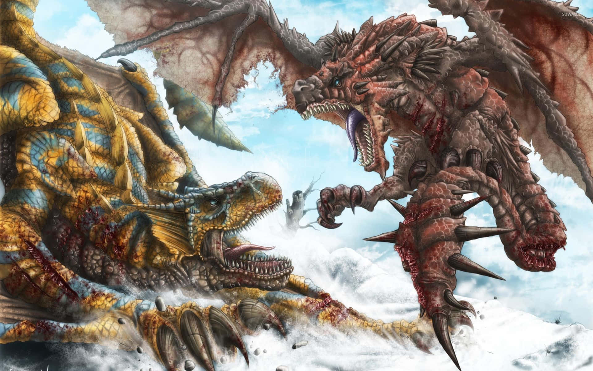 Two Dragons Fighting In The Sky Background