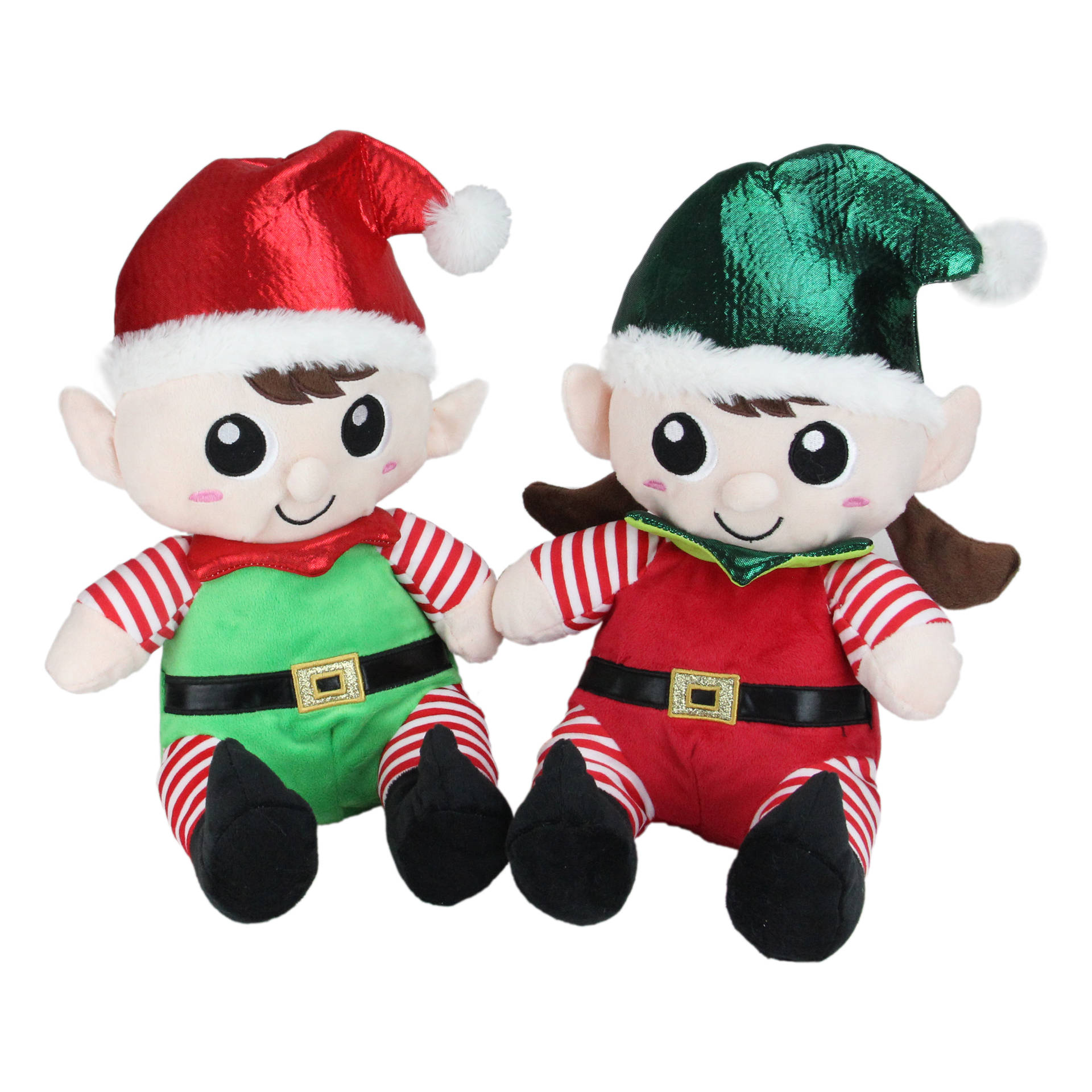 Two Elf Stuffed Toys Sitting Next To Each Other Background