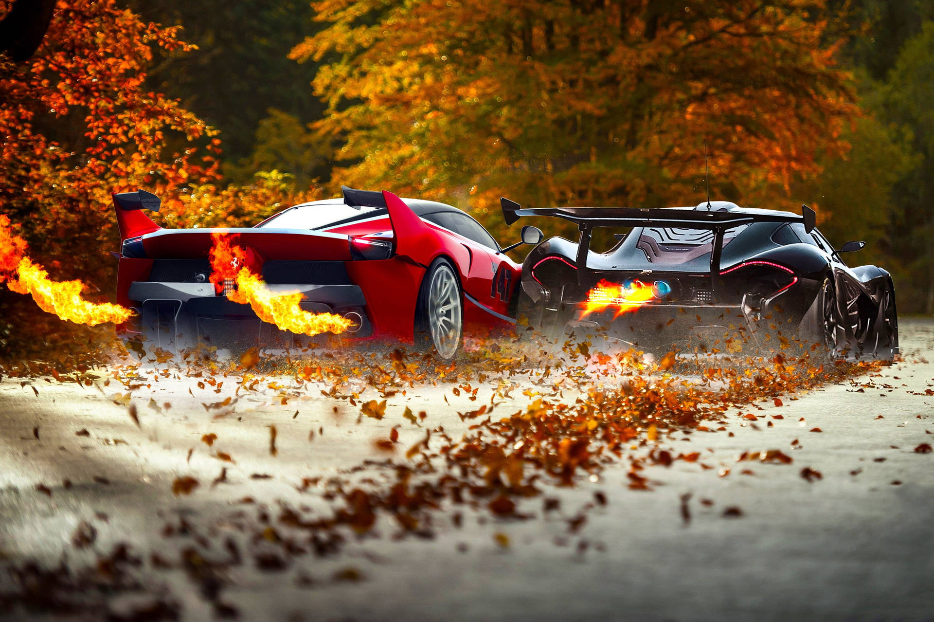 Two Ferrari Fire Cars On Autumn Road Background