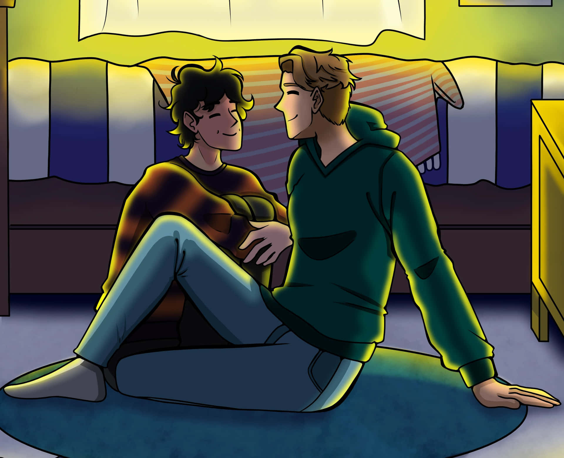 Two Friends Enjoying Cozy Room Time Background