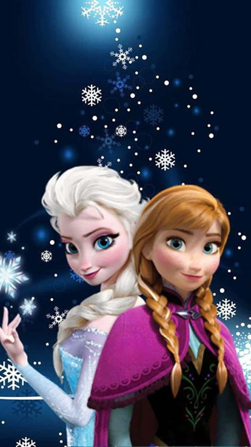 Two Frozen Princesses Standing In Front Of A Snowflake Background