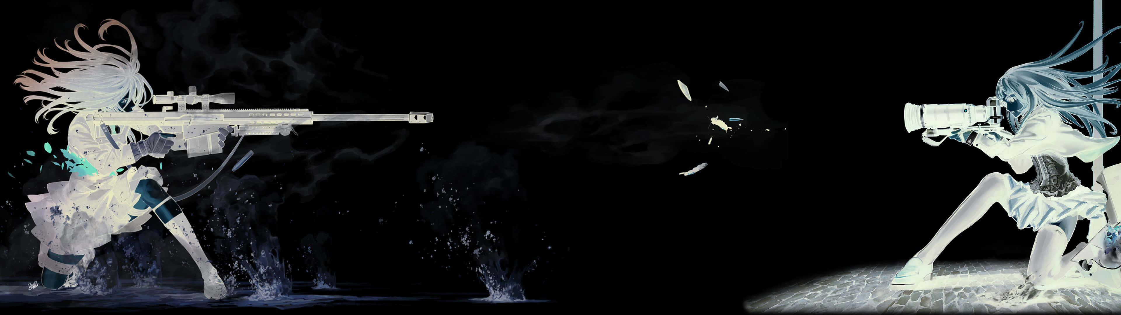 Two Girls Aim Weapons Dark Triple Monitor Background