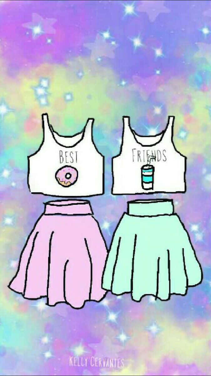 Two Girls In Pink And Blue Tops And Skirts Background