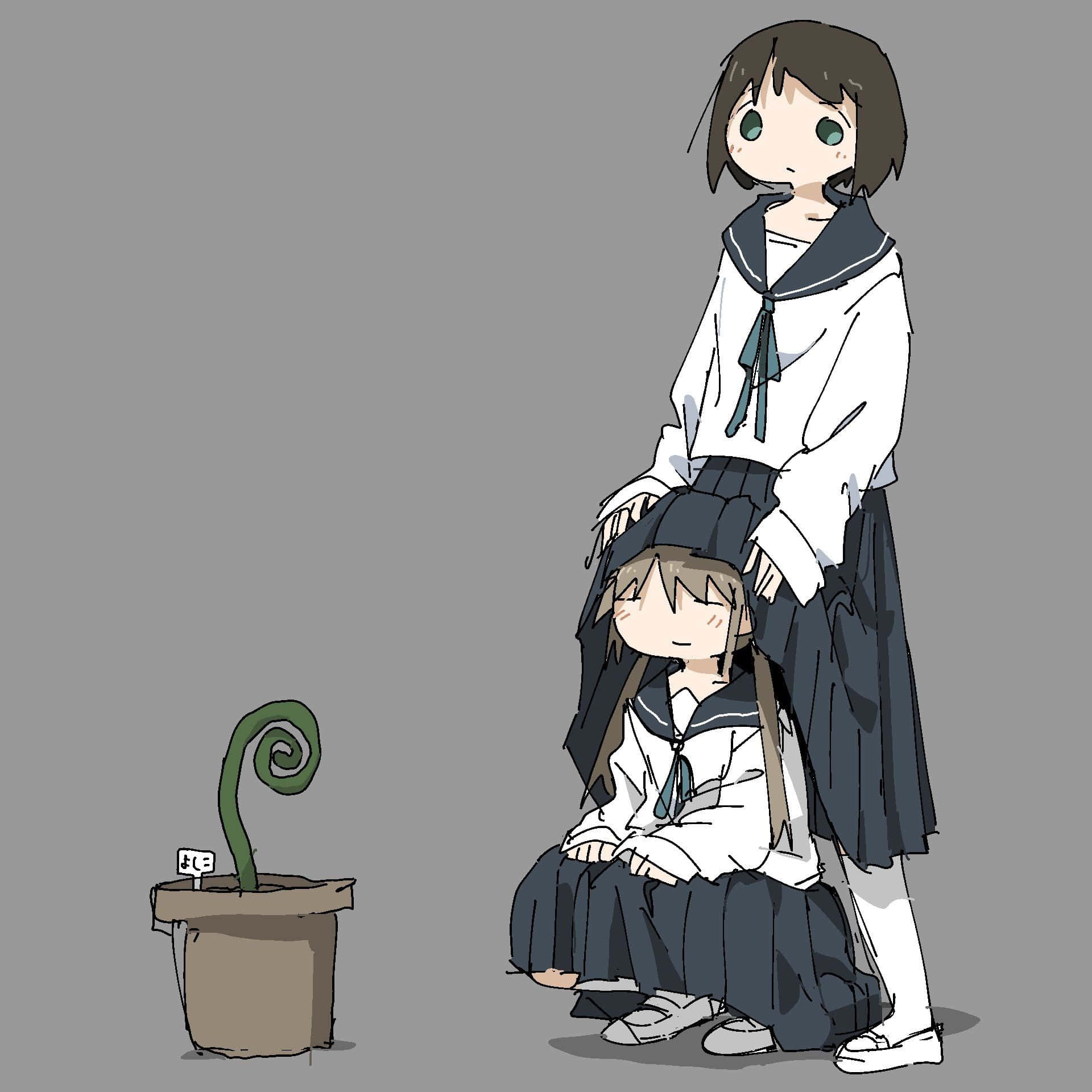 Two Girls In School Uniforms Standing Next To A Potted Plant Background