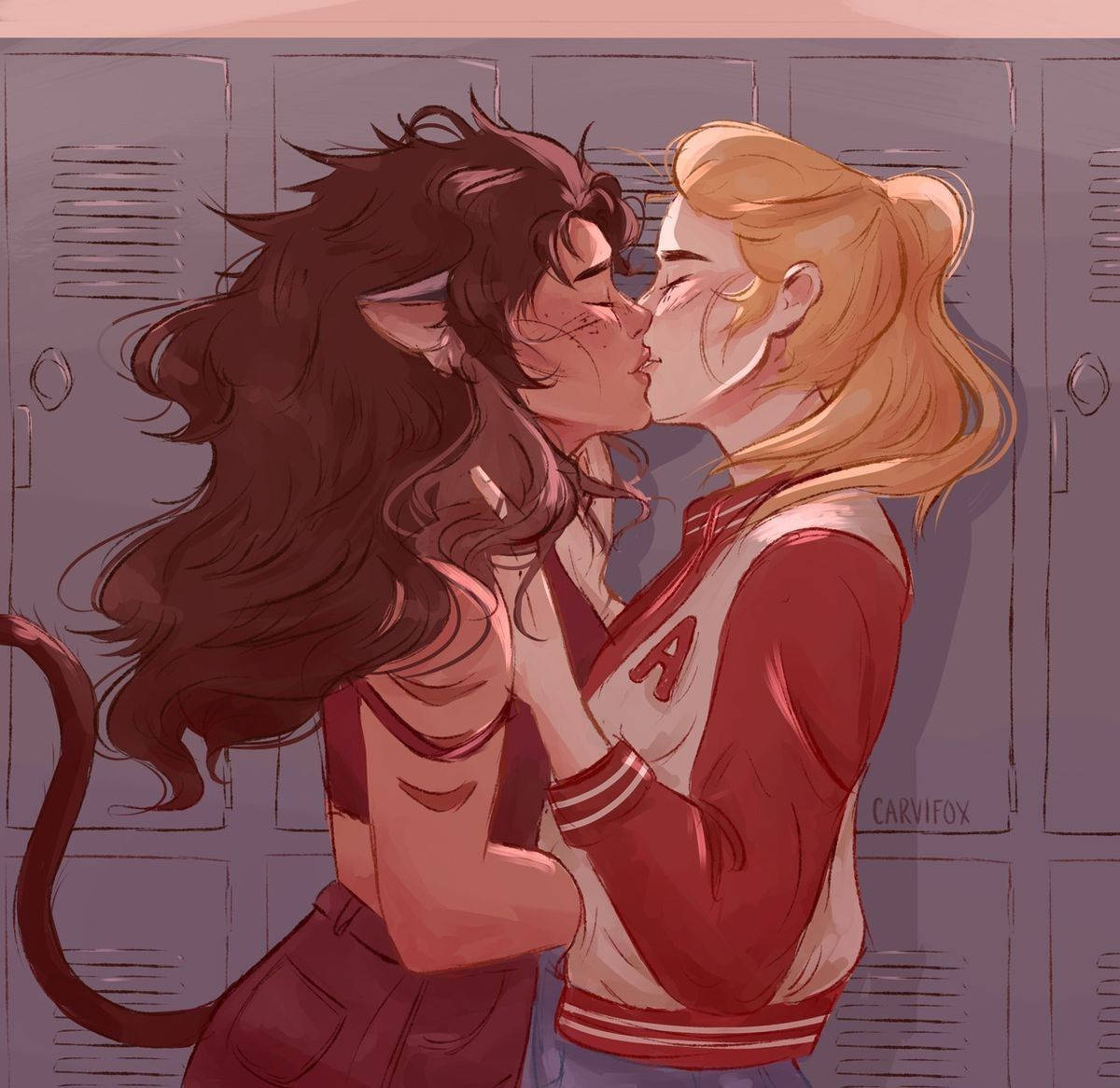 Two Girls Kissing In Front Of Lockers Background