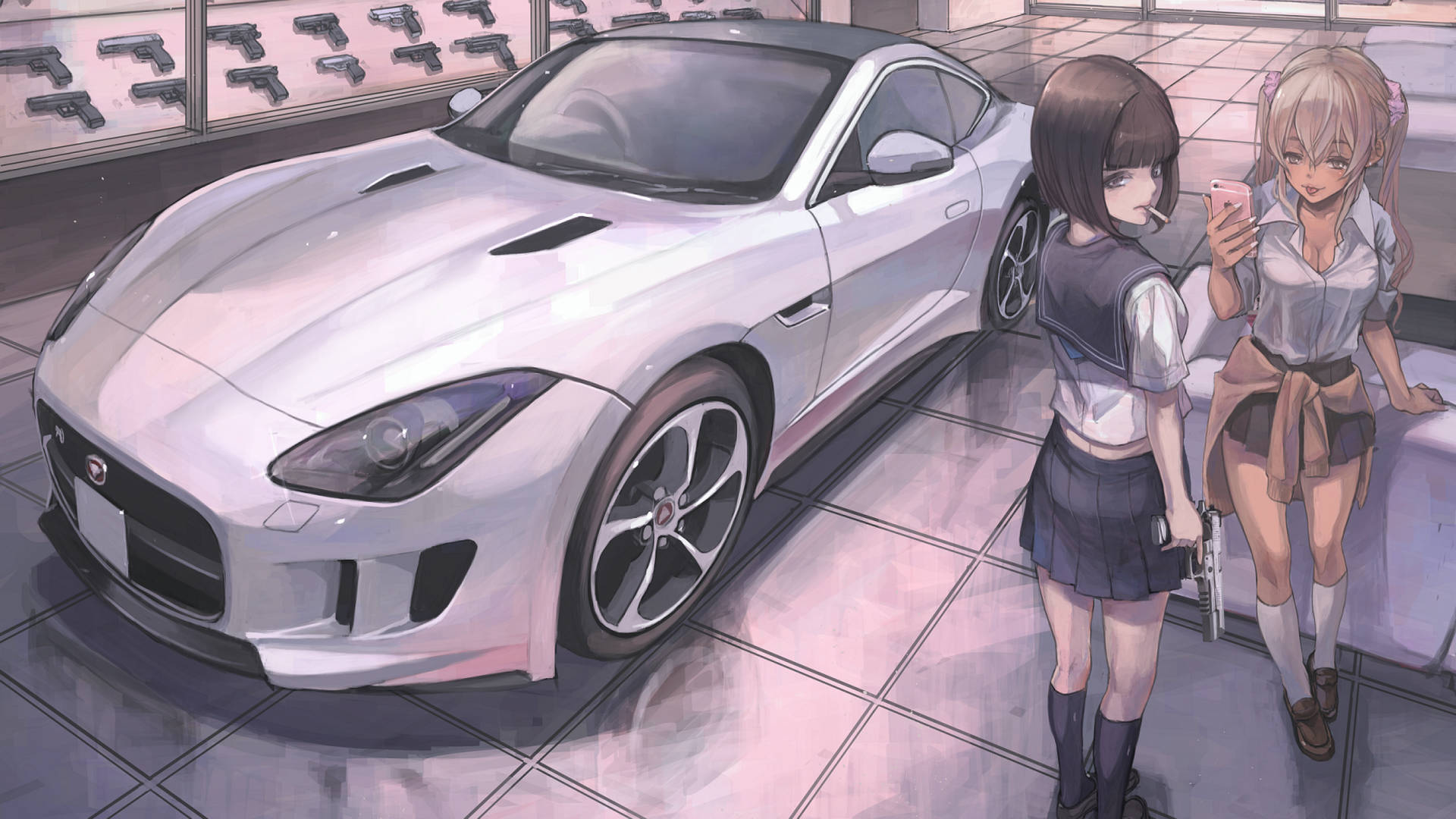 Two Girls Next To White Car Anime