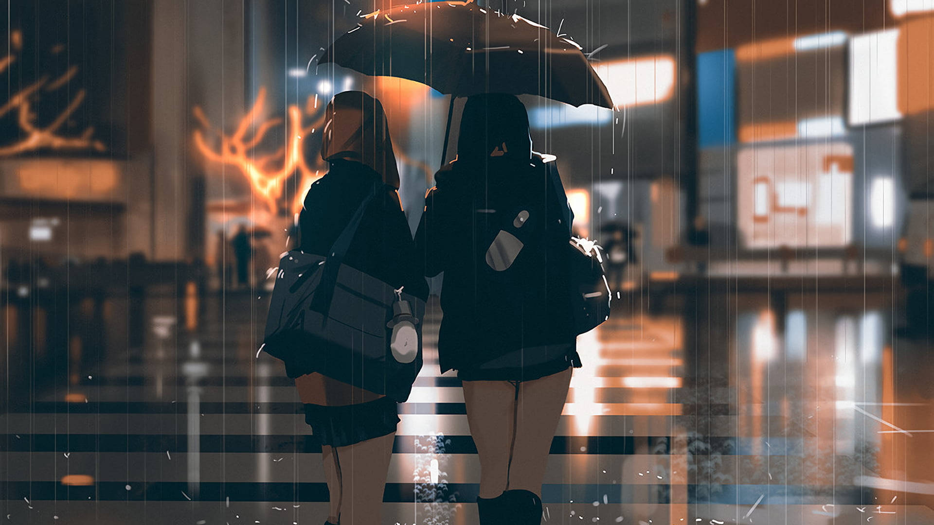 Two Girls Sharing Umbrella Most Beautiful Rain Background