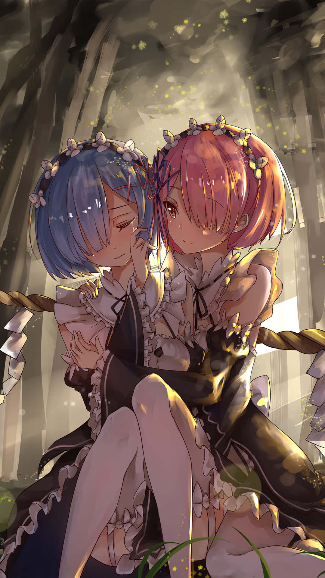 Two Girls Sitting In The Woods Background
