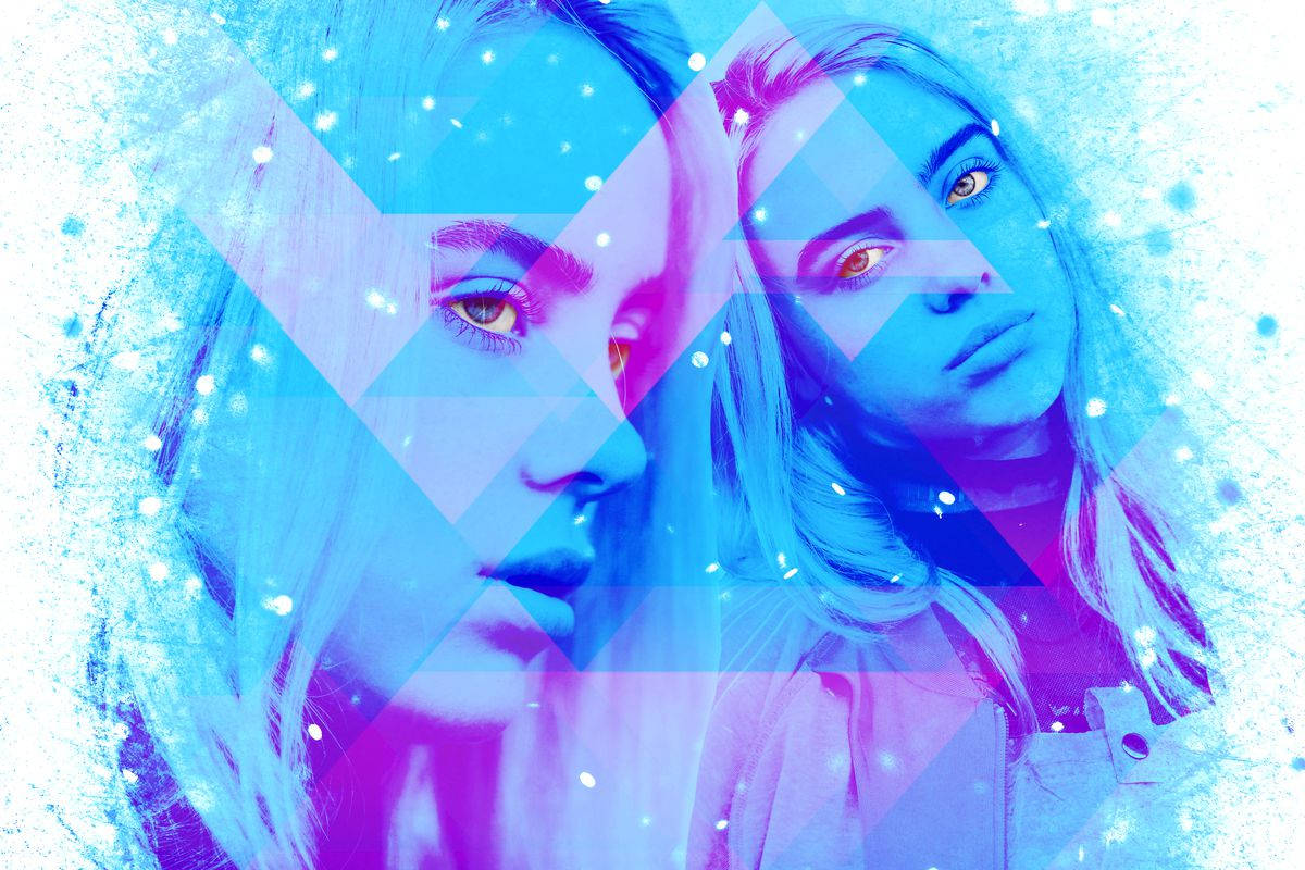 Two Girls With Blue Eyes And Blue Triangles Background