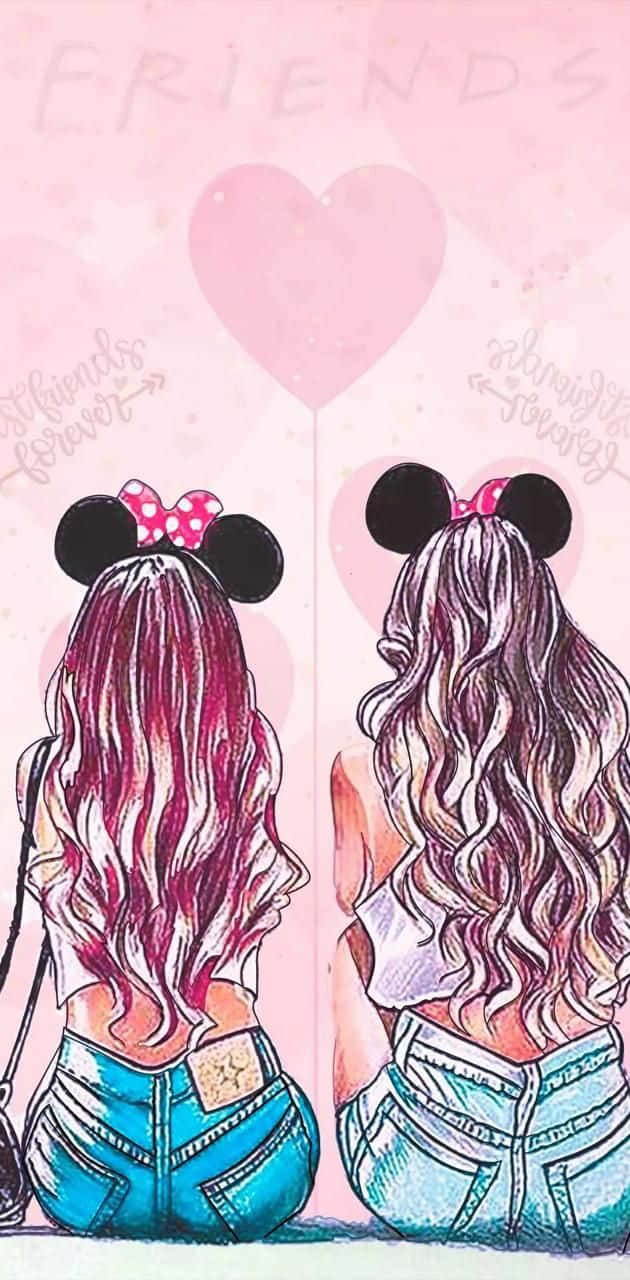 Two Girls With Mickey Ears Sitting In Front Of A Pink Heart Background