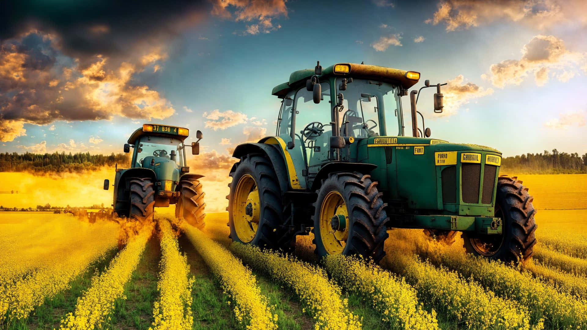 Two Green Tractors Driving In A Field Background
