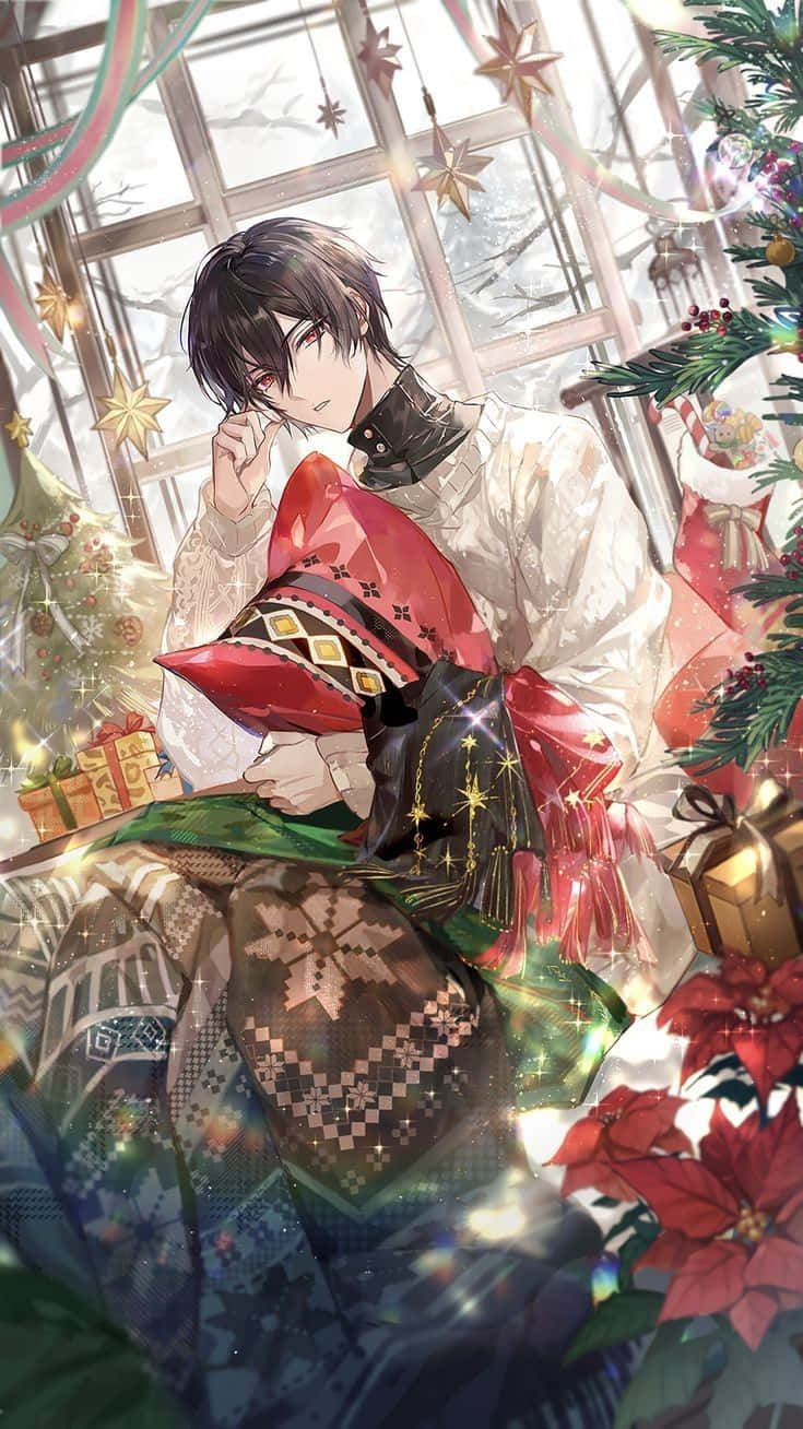 Two Happy Anime Boys, Decked Out For Christmas. Background