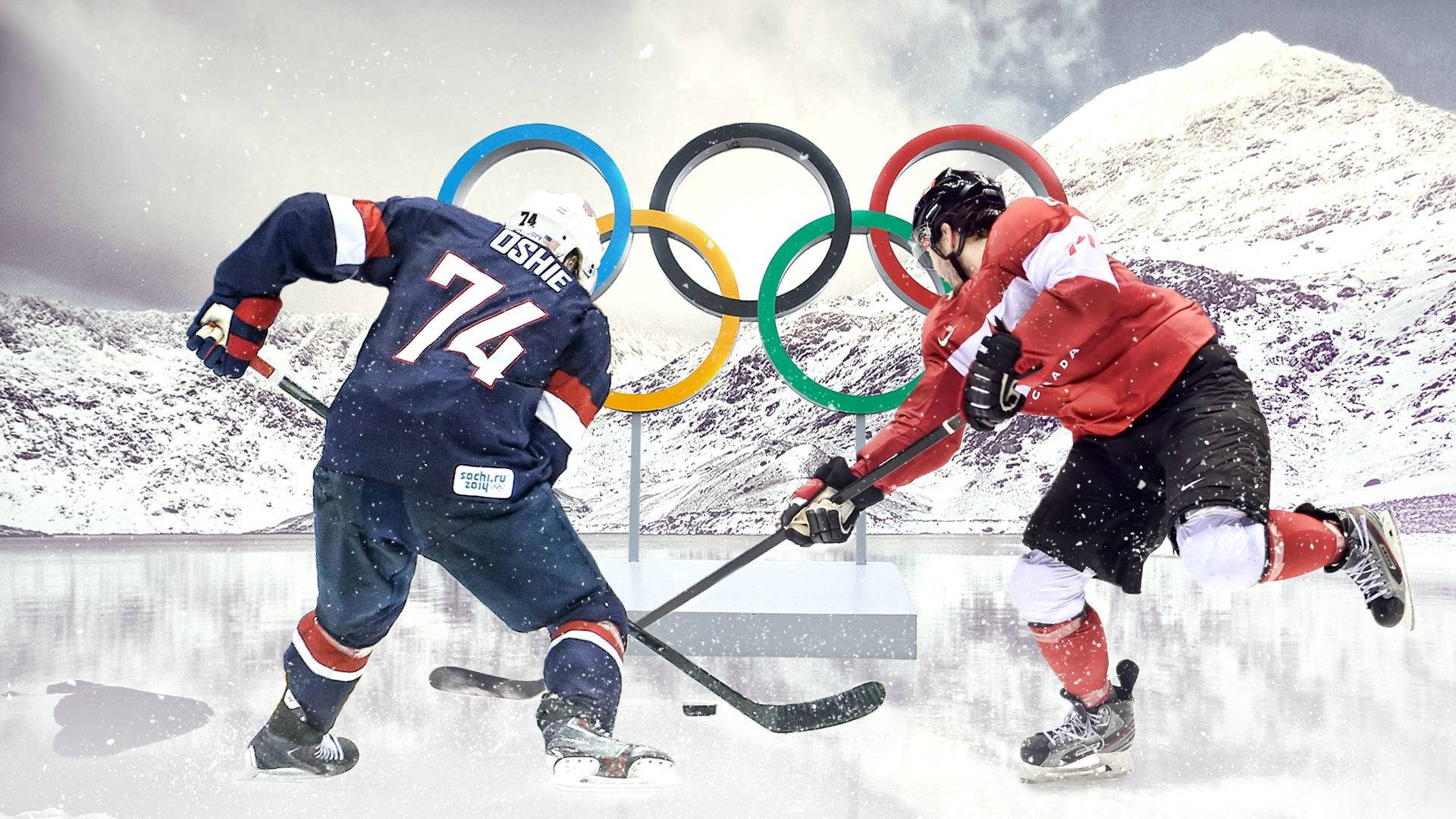 Two Hockey Players Are Playing In The Snow Background