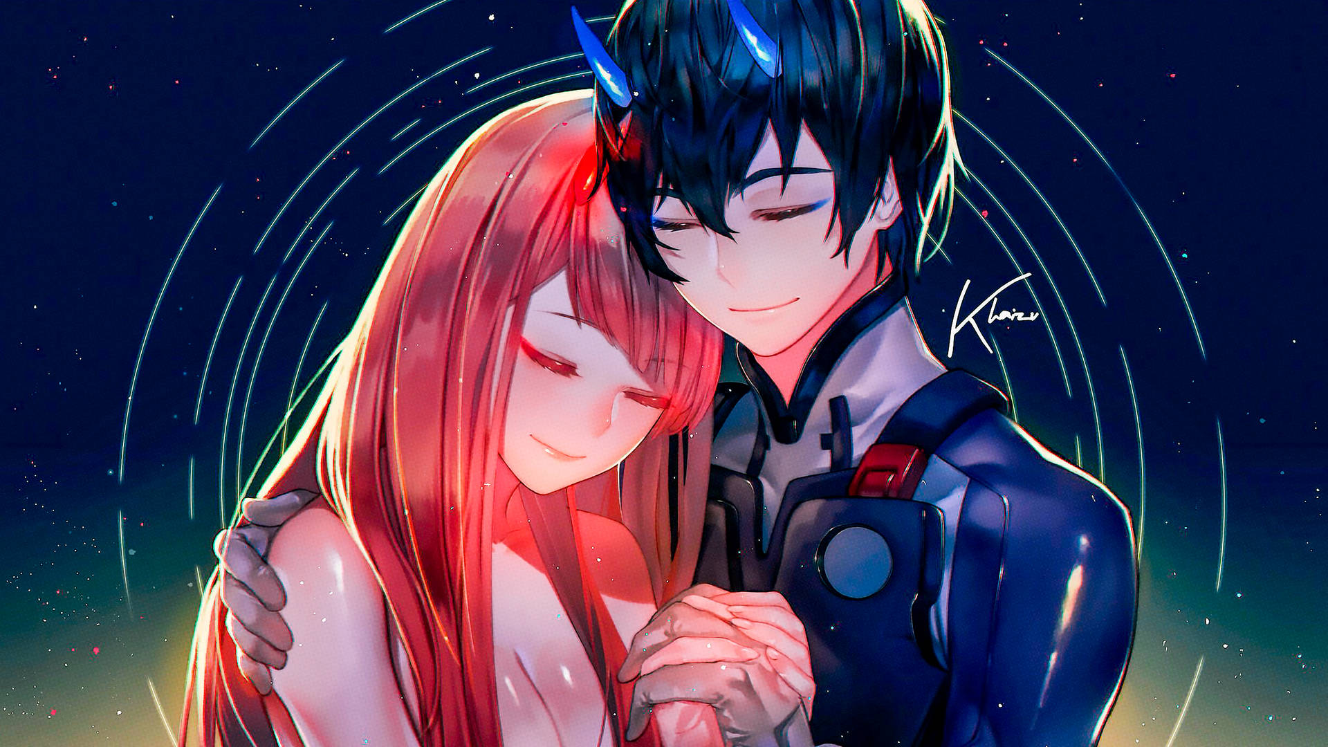 Two In Love: Hiro And Zero Two Shown Embracing Background