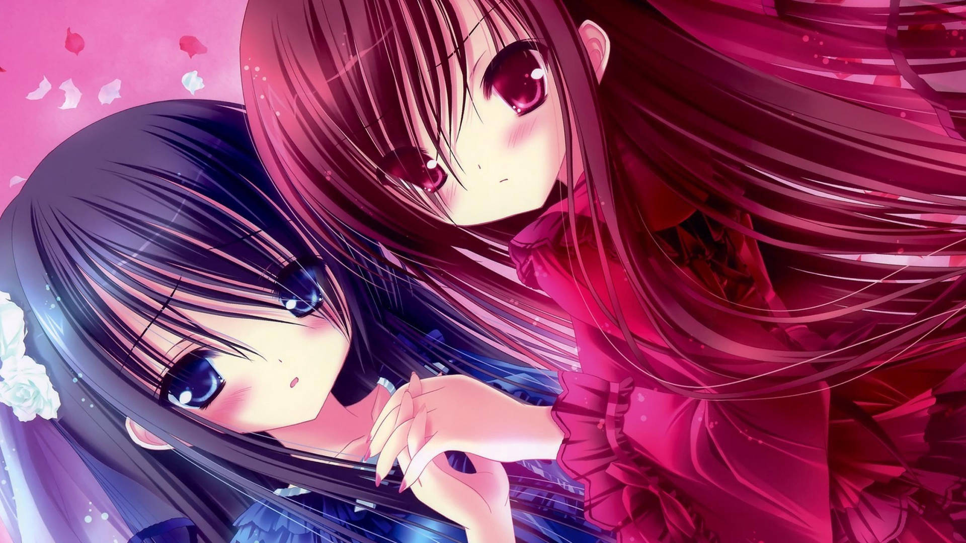 Two Kawaii Anime Girls Blue And Red Background