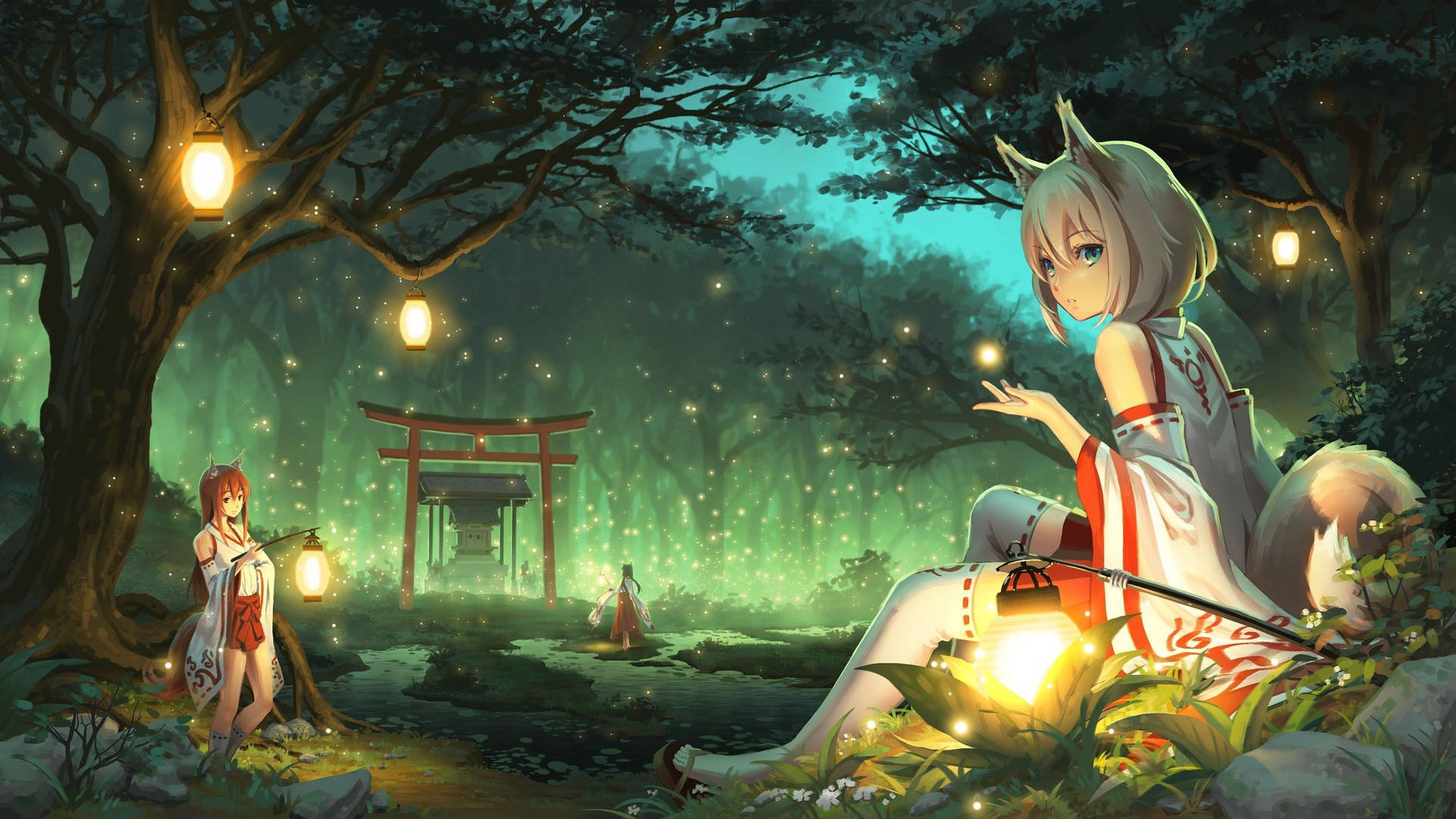 Two Kitsune Girls In The Forest Background