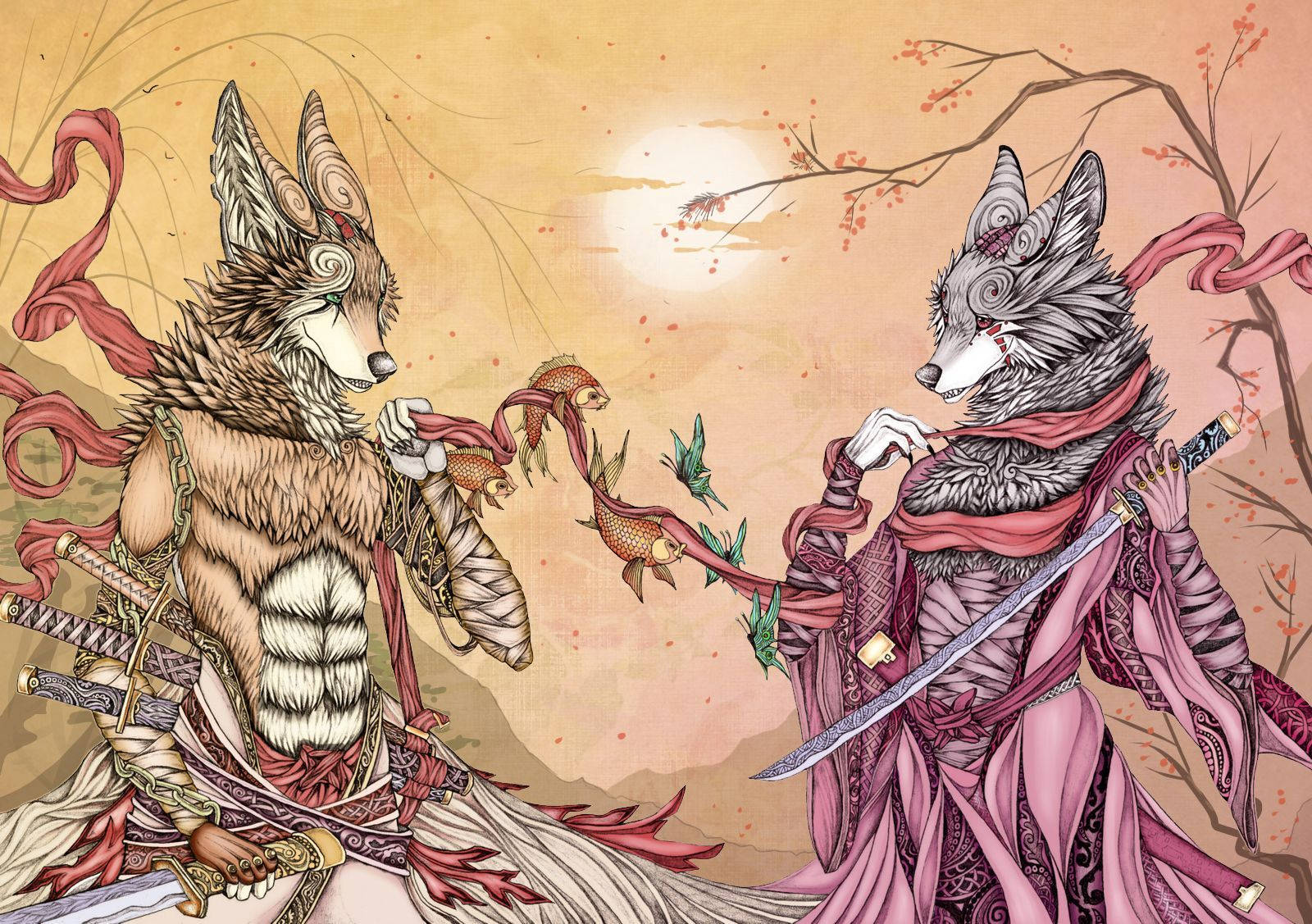 Two Kitsune With Sets Of Katana