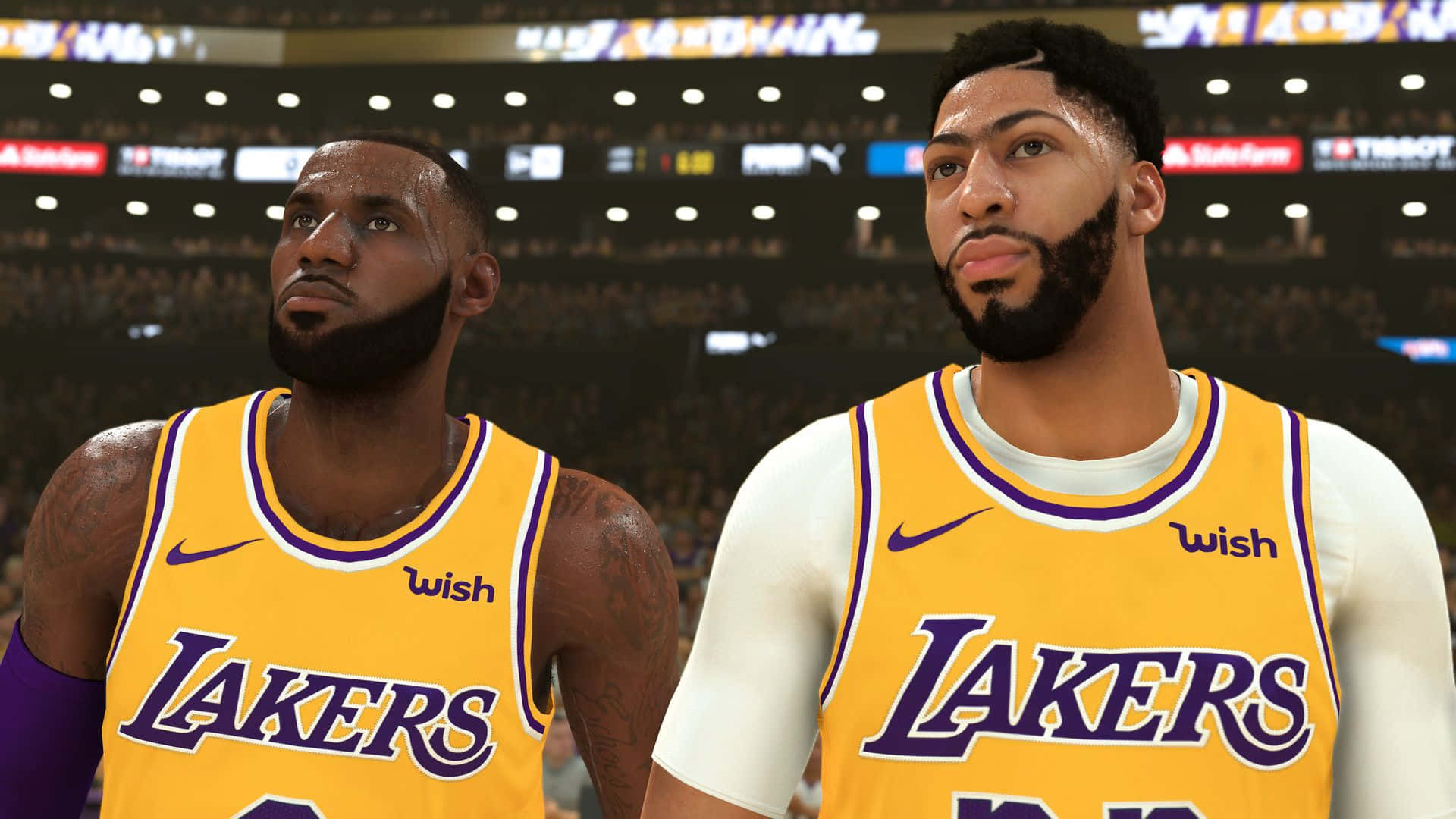 Two Lakers Players Standing Next To Each Other Background
