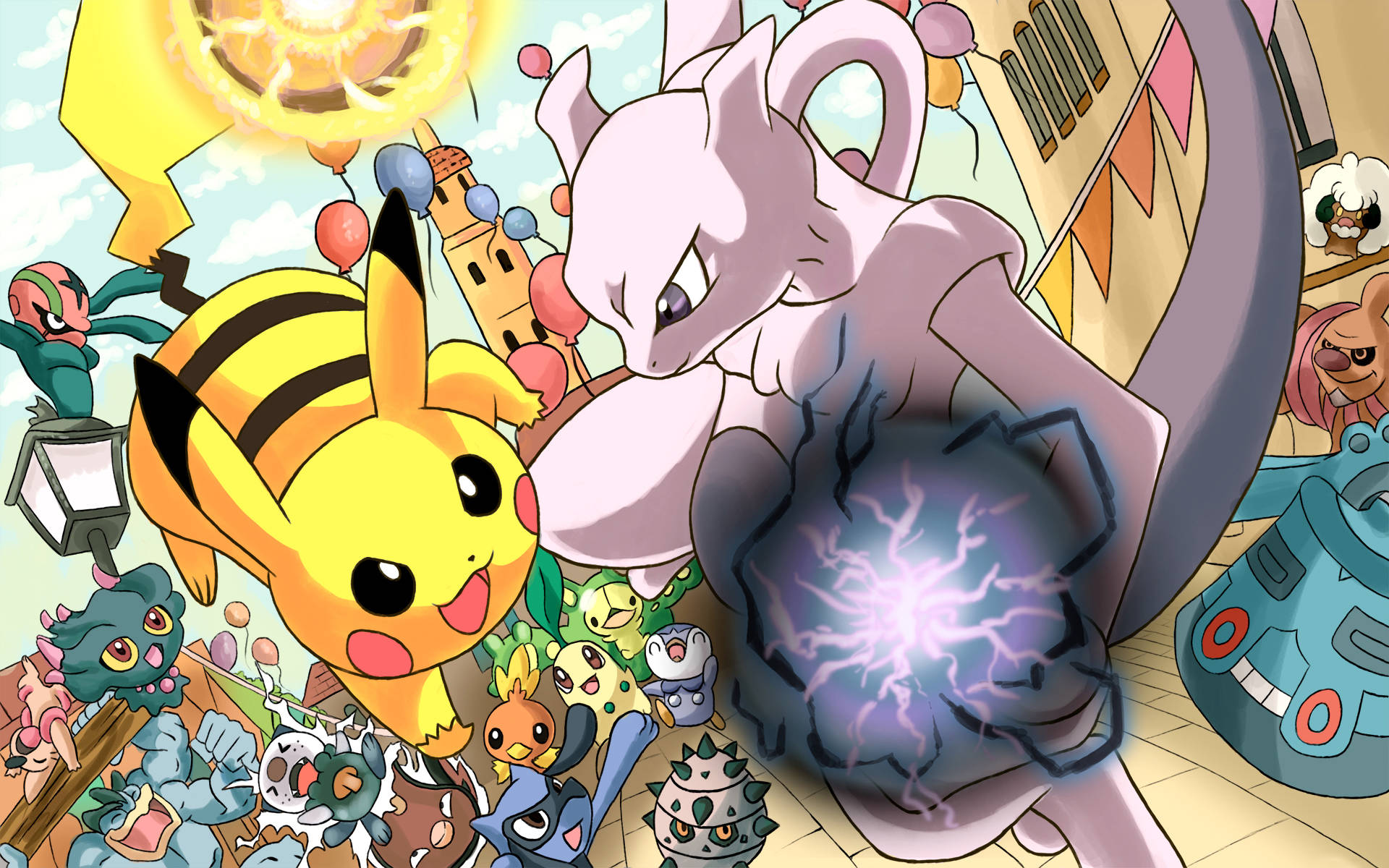 Two Legendary Rivals - Pikachu And Mewtwo Background