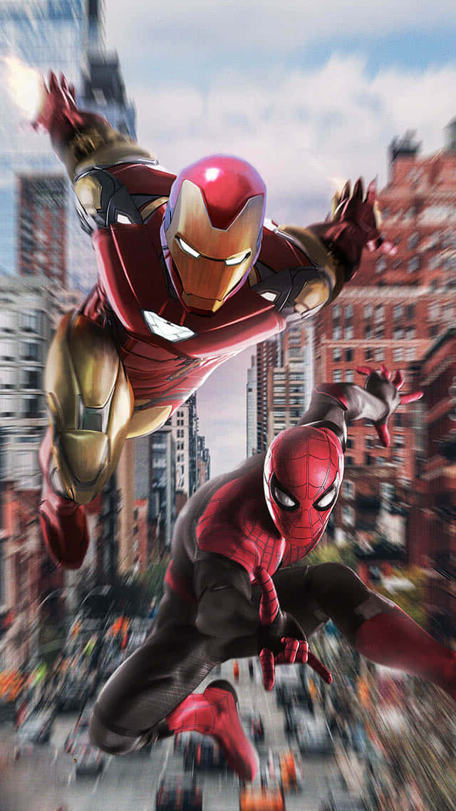 Two Legendary Superheroes, Spider Man & Iron Man Side-by-side In Genre-defining Action Background