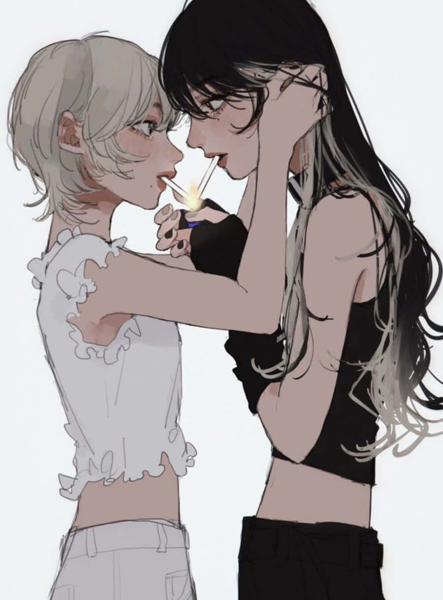 Two Lesbian Anime Characters Enjoying An Intimate Moment